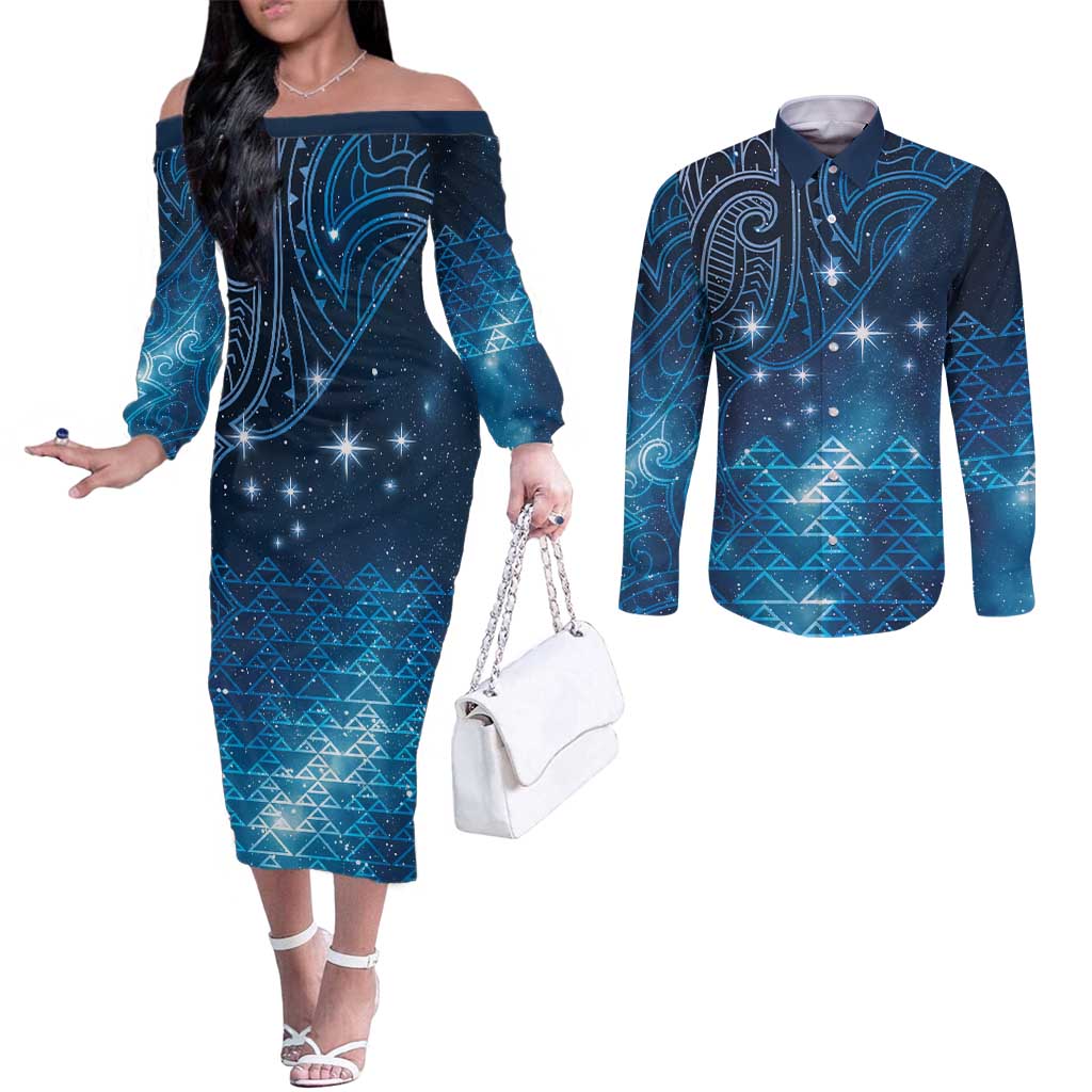 New Zealand Matariki Couples Matching Off The Shoulder Long Sleeve Dress and Long Sleeve Button Shirt Taniko Aramoana With Maori Galaxy Sky Night