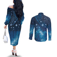New Zealand Matariki Couples Matching Off The Shoulder Long Sleeve Dress and Long Sleeve Button Shirt Taniko Aramoana With Maori Galaxy Sky Night