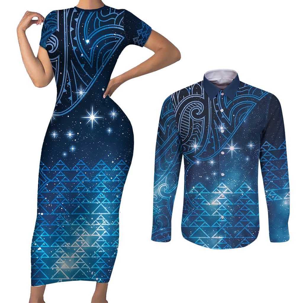 New Zealand Matariki Couples Matching Short Sleeve Bodycon Dress and Long Sleeve Button Shirt Taniko Aramoana With Maori Galaxy Sky Night