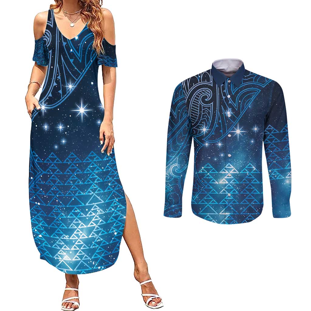 New Zealand Matariki Couples Matching Summer Maxi Dress and Long Sleeve Button Shirt Taniko Aramoana With Maori Galaxy Sky Night
