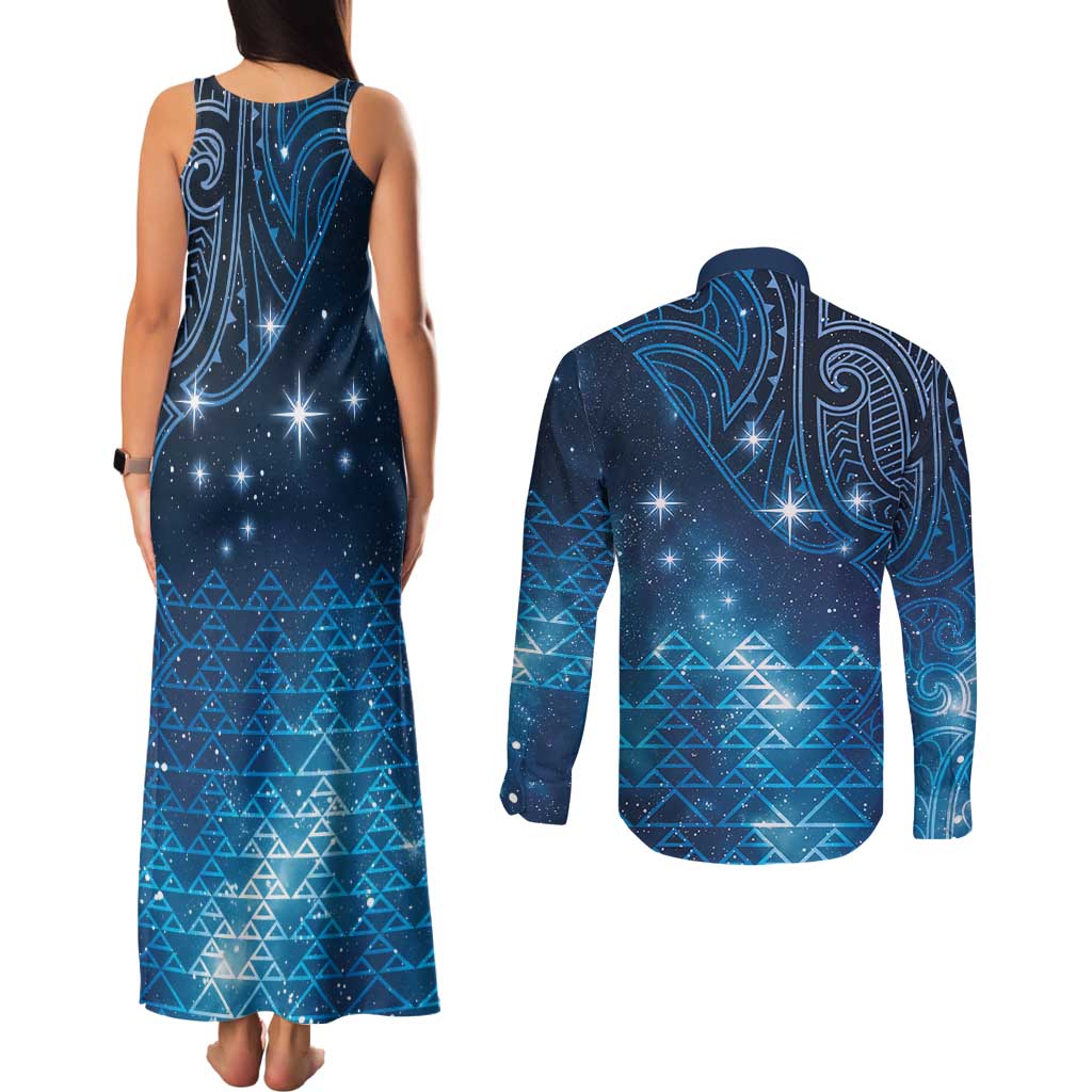 New Zealand Matariki Couples Matching Tank Maxi Dress and Long Sleeve Button Shirt Taniko Aramoana With Maori Galaxy Sky Night