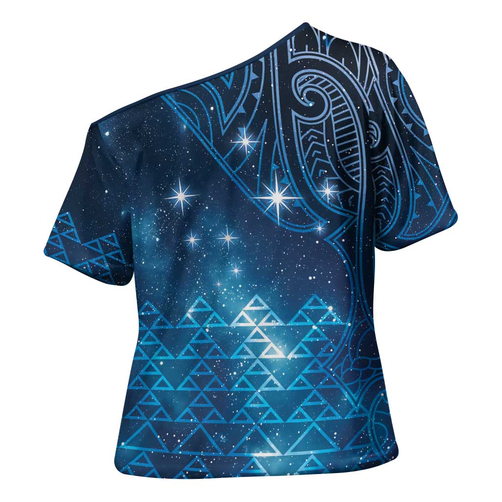 New Zealand Matariki Cross Shoulder Shirt Taniko Aramoana With Maori Galaxy Sky Night - Polynesian Pride