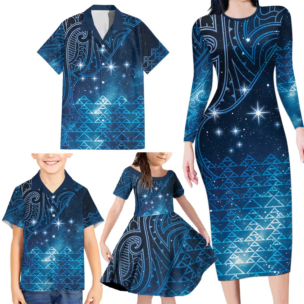 New Zealand Matariki Family Matching Long Sleeve Bodycon Dress and Hawaiian Shirt Taniko Aramoana With Maori Galaxy Sky Night