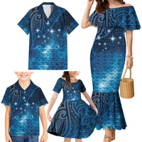 New Zealand Matariki Family Matching Mermaid Dress and Hawaiian Shirt Taniko Aramoana With Maori Galaxy Sky Night