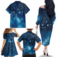New Zealand Matariki Family Matching Off The Shoulder Long Sleeve Dress and Hawaiian Shirt Taniko Aramoana With Maori Galaxy Sky Night