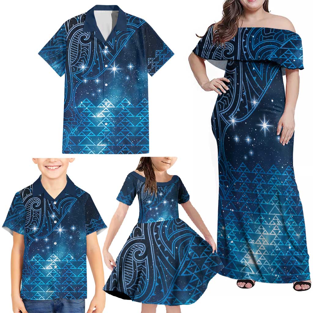 New Zealand Matariki Family Matching Off Shoulder Maxi Dress and Hawaiian Shirt Taniko Aramoana With Maori Galaxy Sky Night
