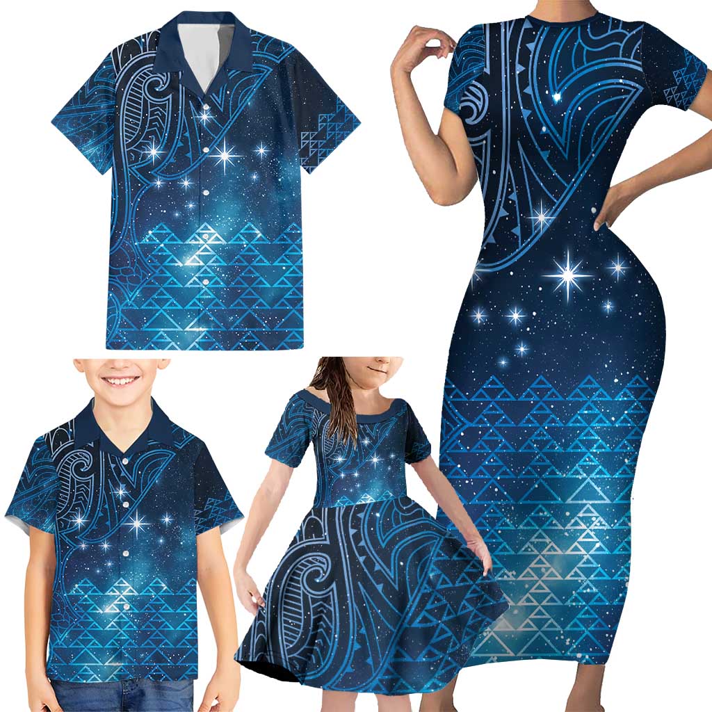 New Zealand Matariki Family Matching Short Sleeve Bodycon Dress and Hawaiian Shirt Taniko Aramoana With Maori Galaxy Sky Night