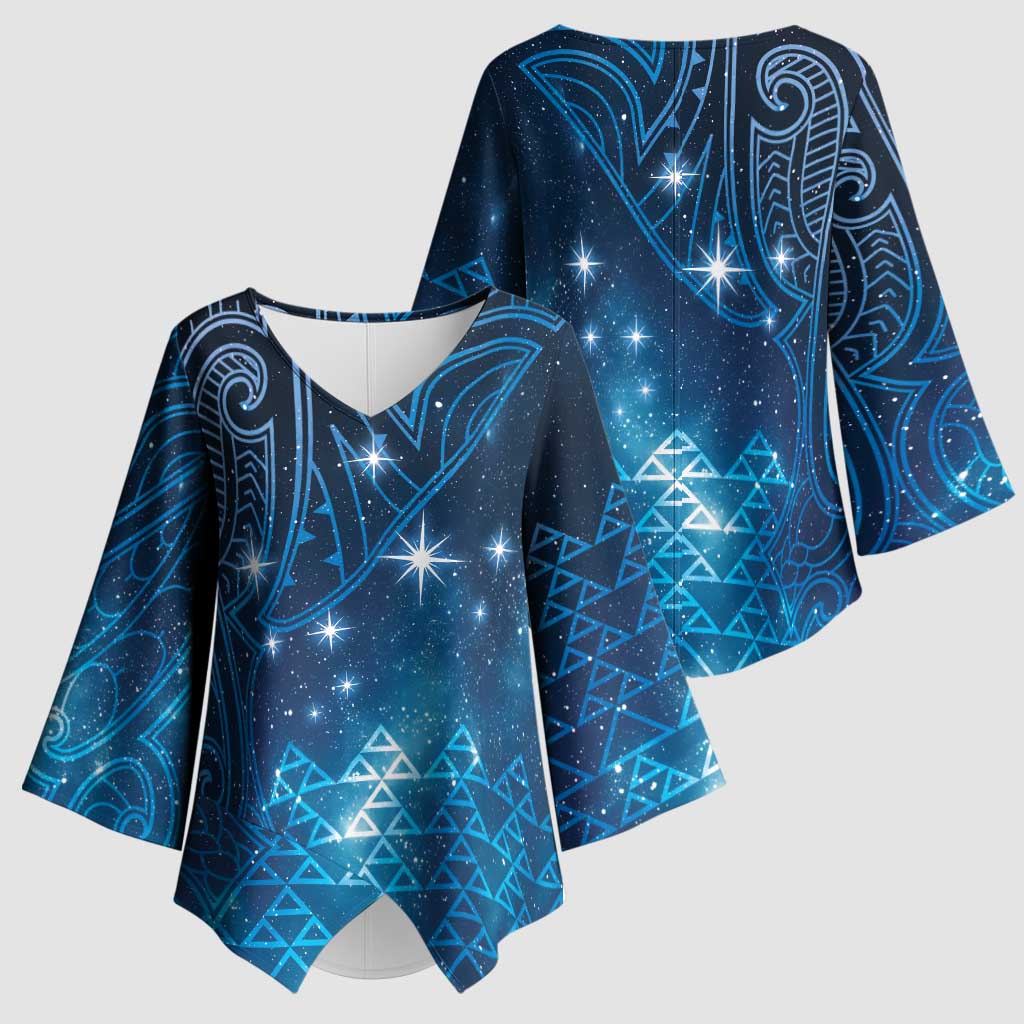 New Zealand Matariki Kimono Sleeve Blouse Taniko Aramoana With Maori Galaxy Sky Night - Polynesian Pride