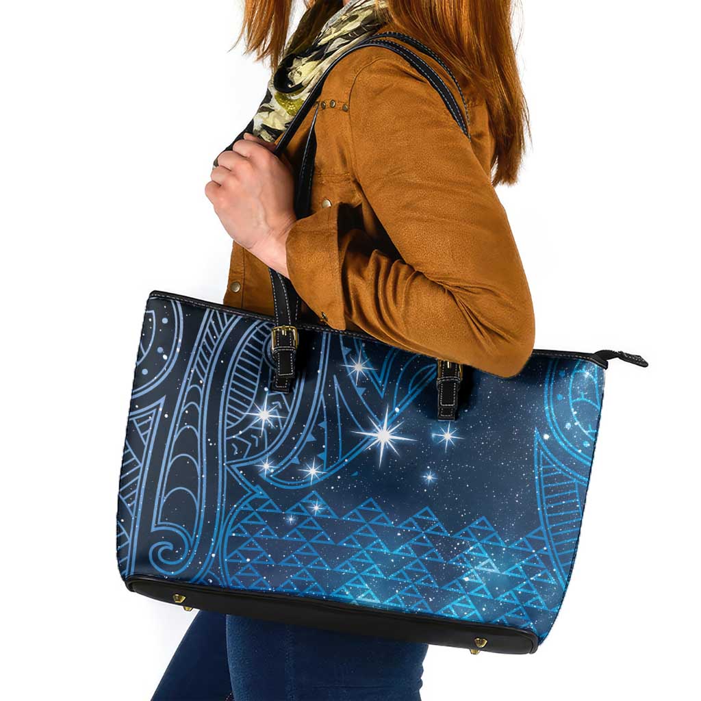 New Zealand Matariki Leather Tote Bag Taniko Aramoana With Maori Galaxy Sky Night