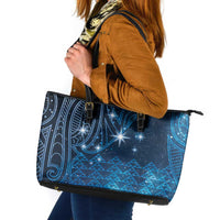New Zealand Matariki Leather Tote Bag Taniko Aramoana With Maori Galaxy Sky Night