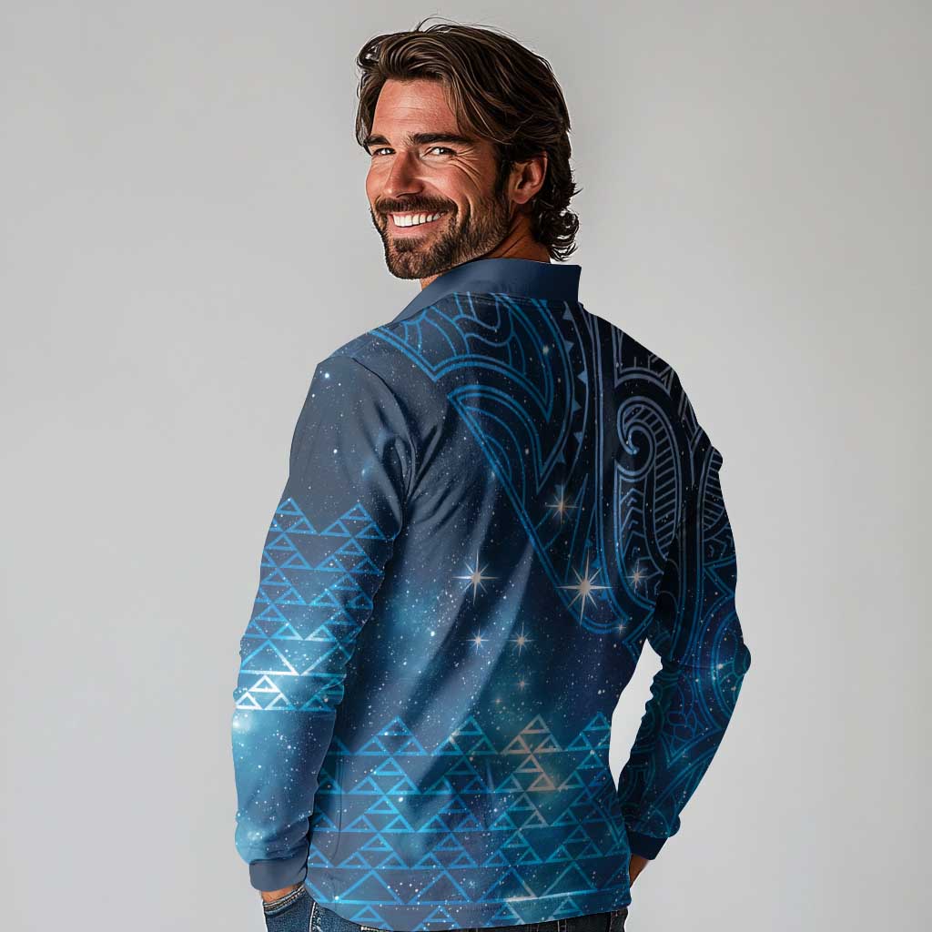 New Zealand Matariki Long Sleeve Polo Shirt Taniko Aramoana With Maori Galaxy Sky Night