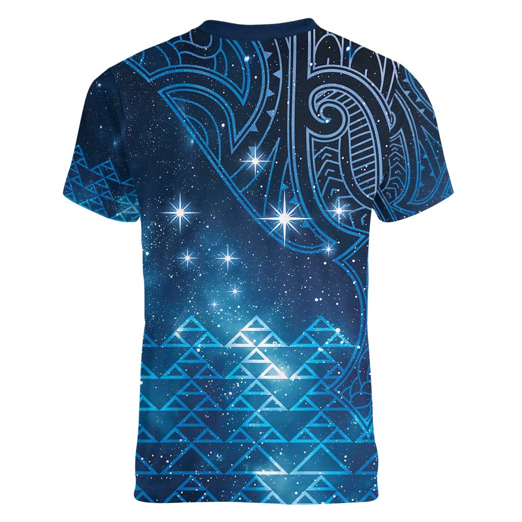 New Zealand Matariki Women V-Neck T-Shirt Taniko Aramoana With Maori Galaxy Sky Night
