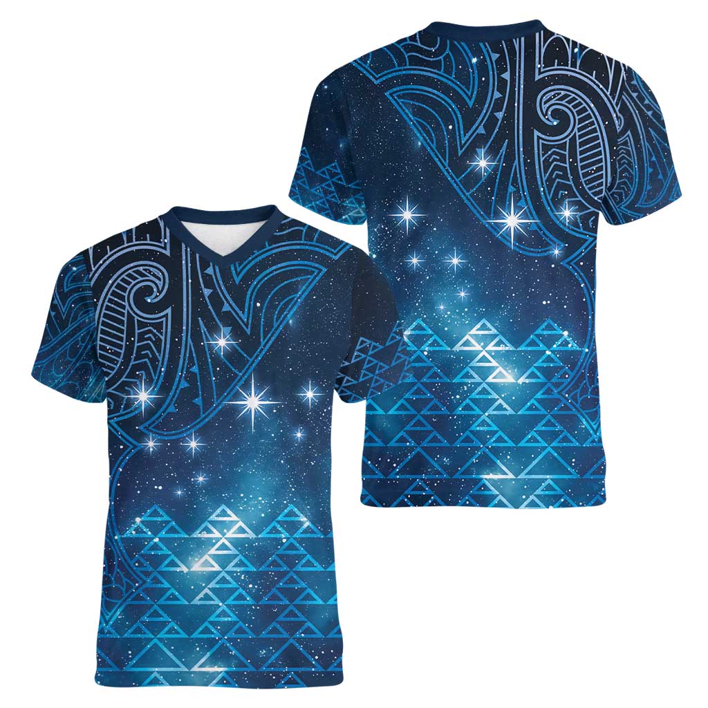 New Zealand Matariki Women V-Neck T-Shirt Taniko Aramoana With Maori Galaxy Sky Night