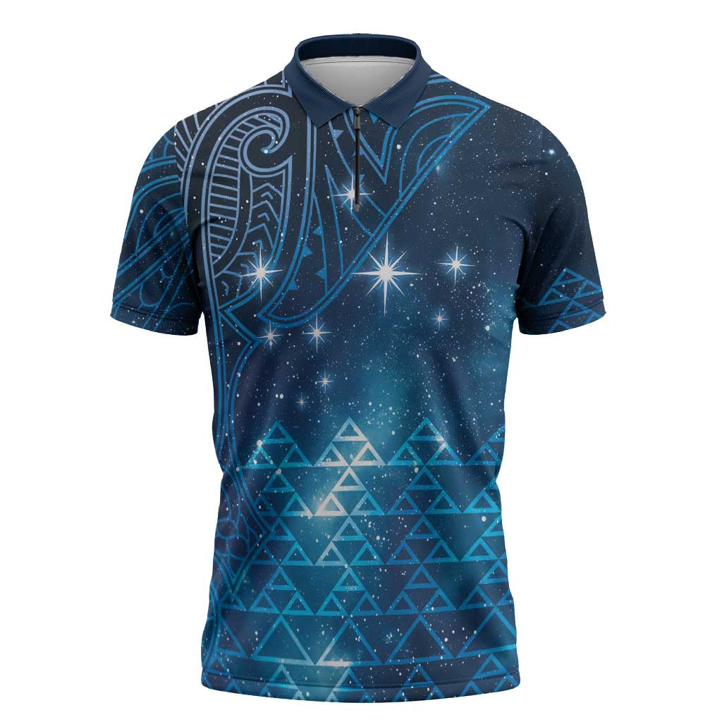 New Zealand Matariki Zipper Polo Shirt Taniko Aramoana With Maori Galaxy Sky Night - Polynesian Pride