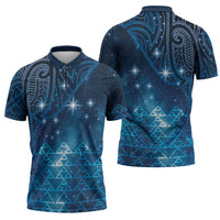 New Zealand Matariki Zipper Polo Shirt Taniko Aramoana With Maori Galaxy Sky Night - Polynesian Pride