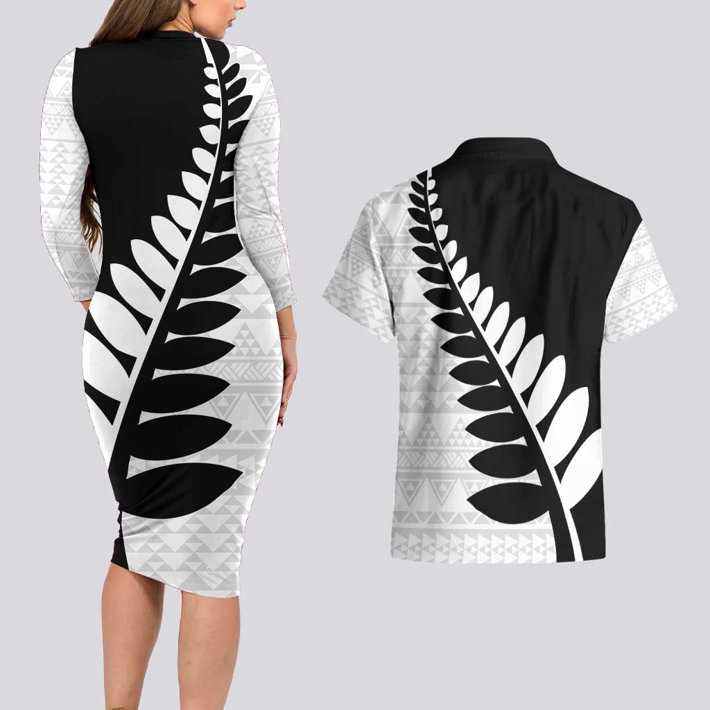 New Zealand Silver Fern Niho Taniwha Couples Matching Long Sleeve Bodycon Dress and Hawaiian Shirt