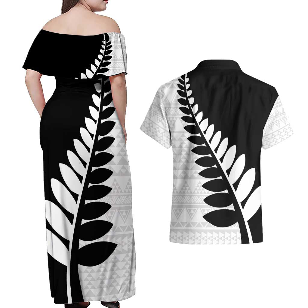 New Zealand Silver Fern Niho Taniwha Couples Matching Off Shoulder Maxi Dress and Hawaiian Shirt