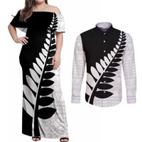 New Zealand Silver Fern Niho Taniwha Couples Matching Off Shoulder Maxi Dress and Long Sleeve Button Shirt