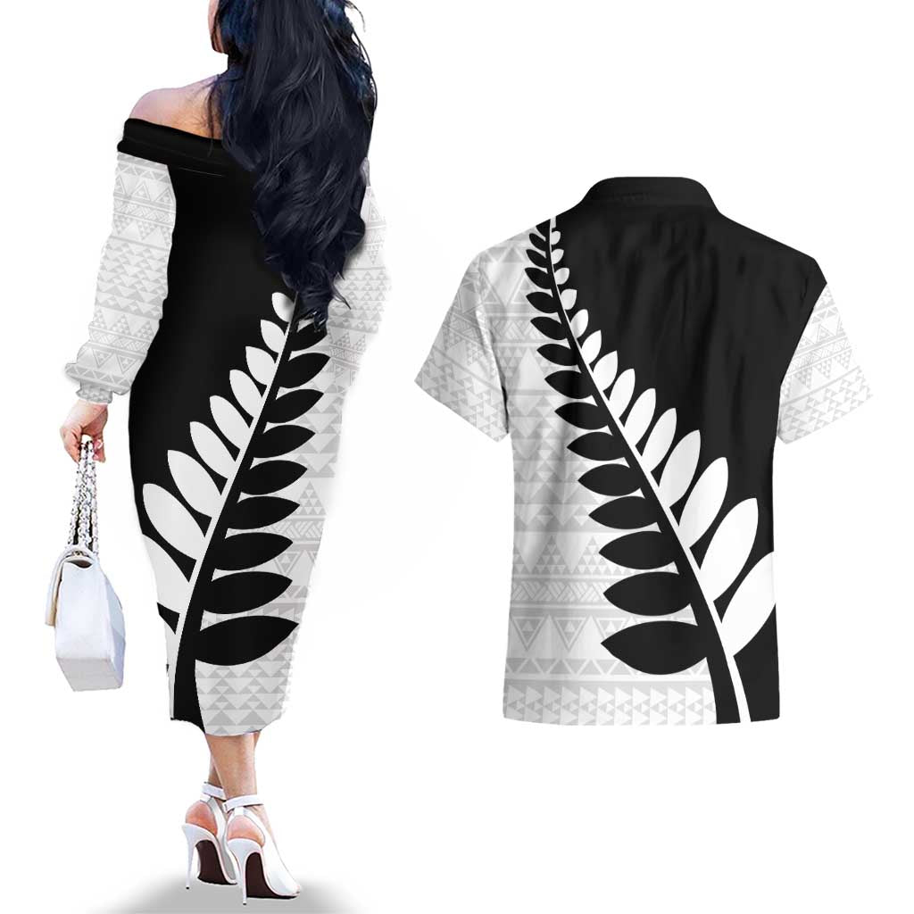 New Zealand Silver Fern Niho Taniwha Couples Matching Off The Shoulder Long Sleeve Dress and Hawaiian Shirt
