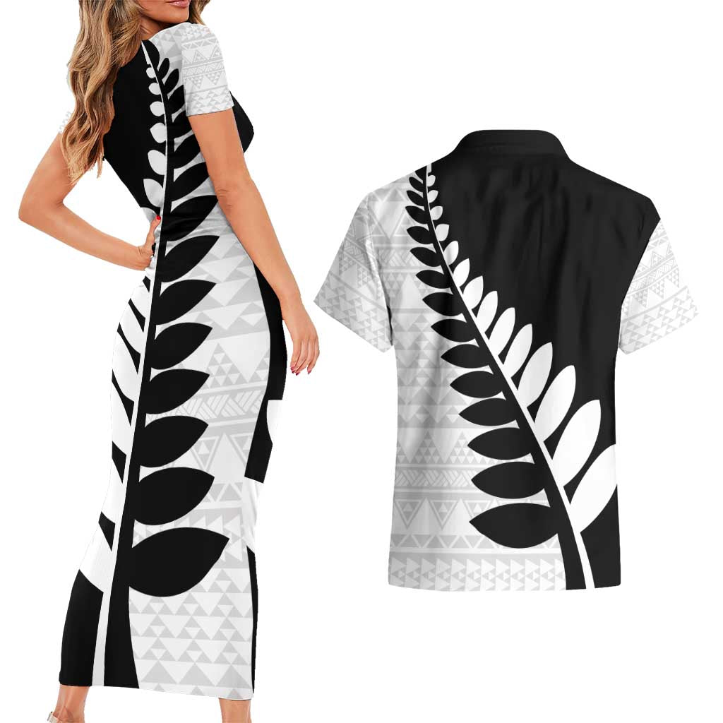 New Zealand Silver Fern Niho Taniwha Couples Matching Short Sleeve Bodycon Dress and Hawaiian Shirt