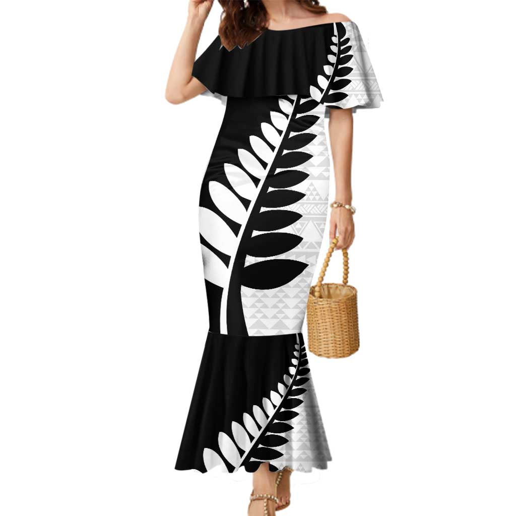 New Zealand Silver Fern Niho Taniwha Family Matching Mermaid Dress and Hawaiian Shirt LT9 Mom's Dress Black - Polynesian Pride