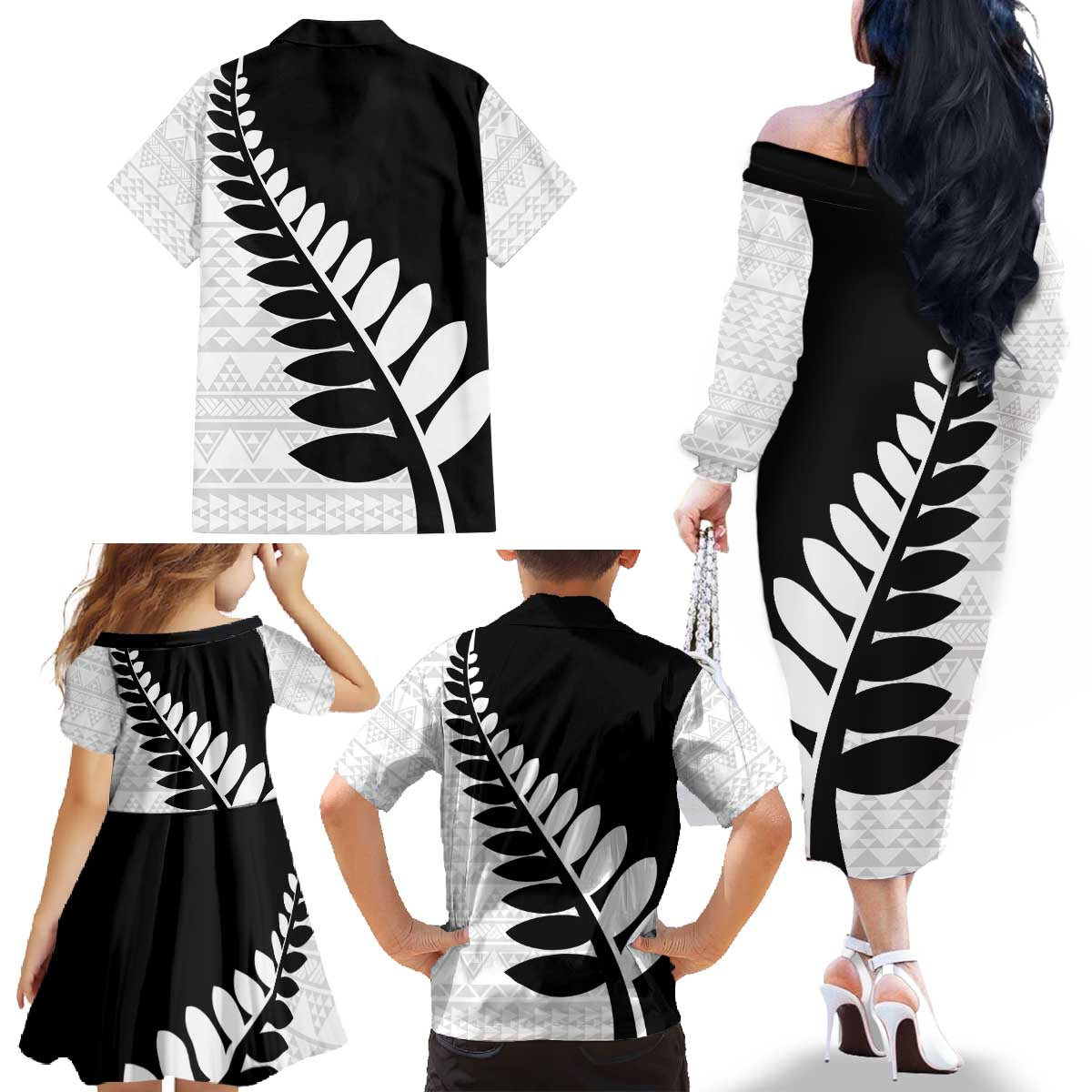 New Zealand Silver Fern Niho Taniwha Family Matching Off The Shoulder Long Sleeve Dress and Hawaiian Shirt LT9 - Polynesian Pride