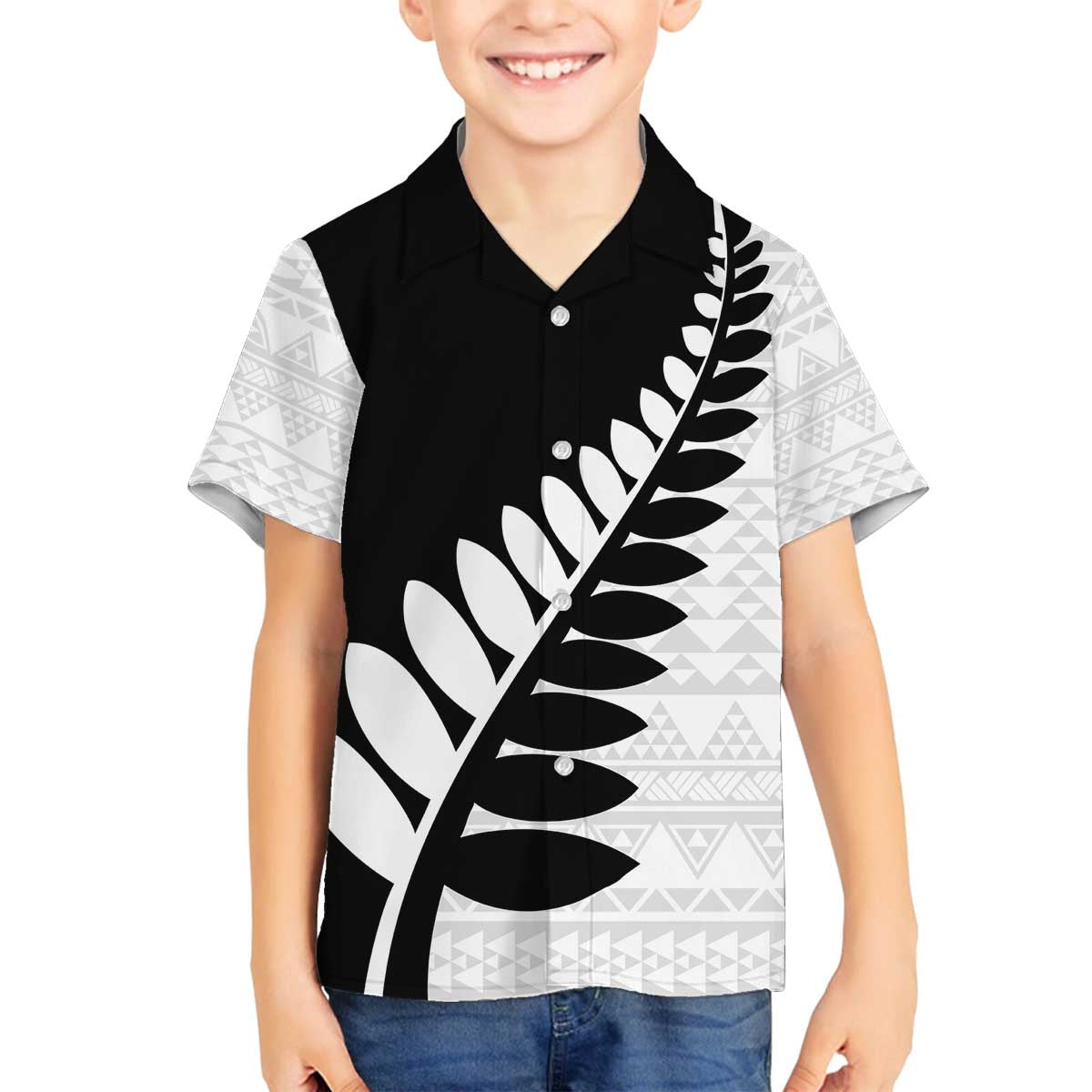 New Zealand Silver Fern Niho Taniwha Family Matching Off The Shoulder Long Sleeve Dress and Hawaiian Shirt LT9 Son's Shirt Black - Polynesian Pride