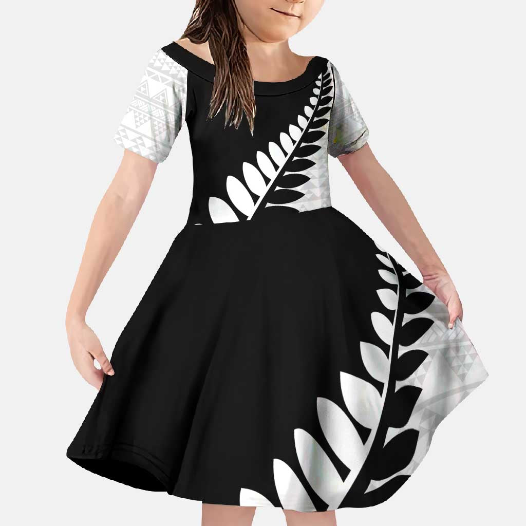 New Zealand Silver Fern Niho Taniwha Family Matching Short Sleeve Bodycon Dress and Hawaiian Shirt LT9 Daughter's Dress Black - Polynesian Pride