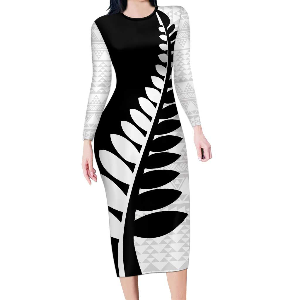 New Zealand Silver Fern Niho Taniwha Long Sleeve Bodycon Dress LT9 Long Dress Black - Polynesian Pride
