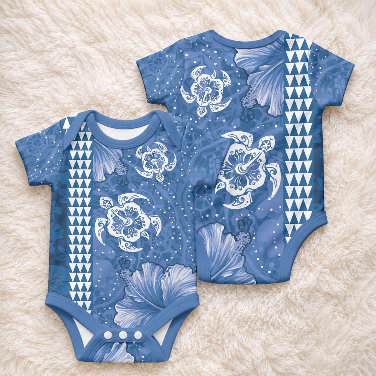 Blue Hibiscus Turtle Baby Onesie Hawaiian Style Tribal Tapa Pattern LT9 - Polynesian Pride