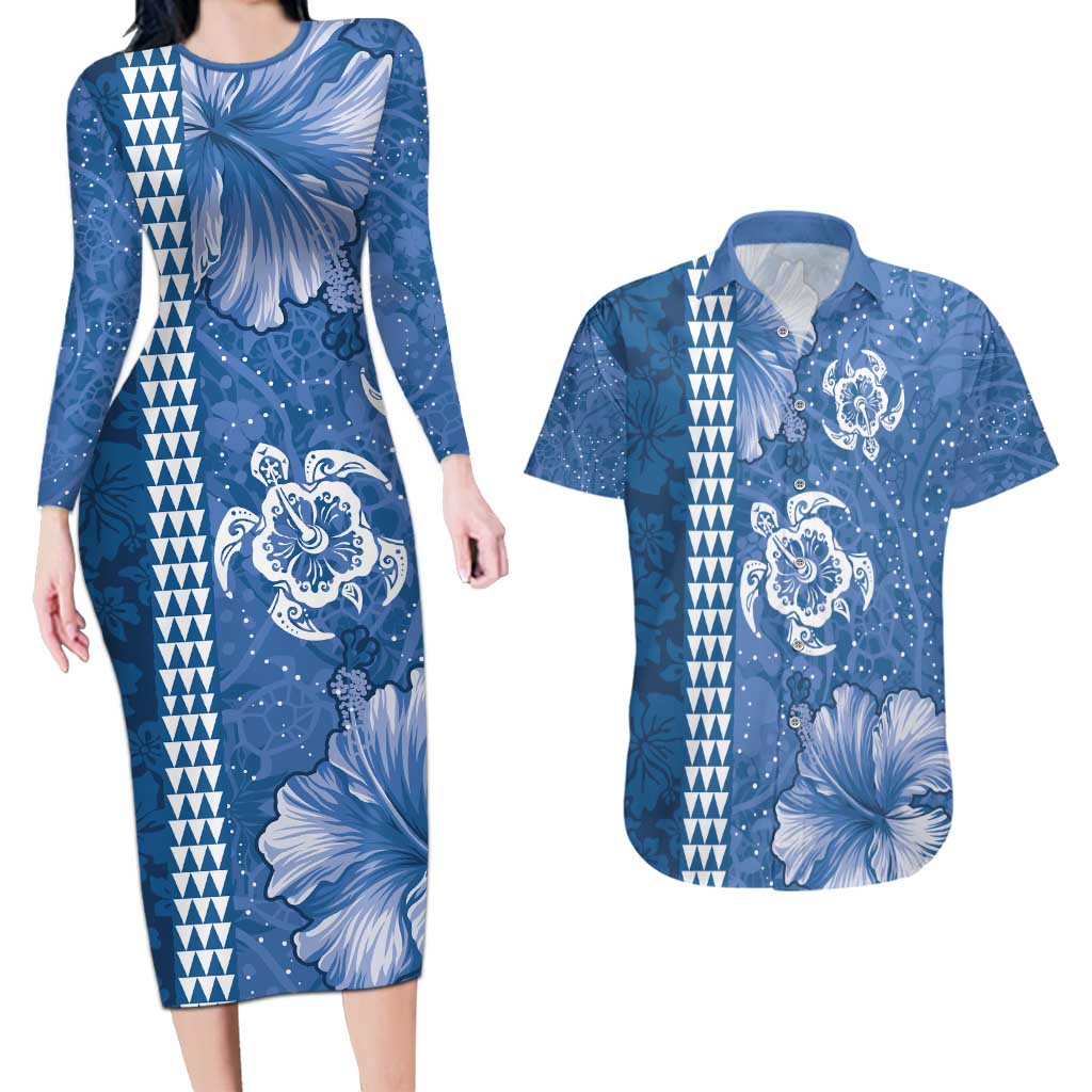 Blue Hibiscus Turle Couples Matching Long Sleeve Bodycon Dress and Hawaiian Shirt Hawaiian Style Tribal Tapa Pattern