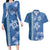 Blue Hibiscus Turle Couples Matching Long Sleeve Bodycon Dress and Hawaiian Shirt Hawaiian Style Tribal Tapa Pattern