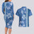 Blue Hibiscus Turle Couples Matching Long Sleeve Bodycon Dress and Hawaiian Shirt Hawaiian Style Tribal Tapa Pattern