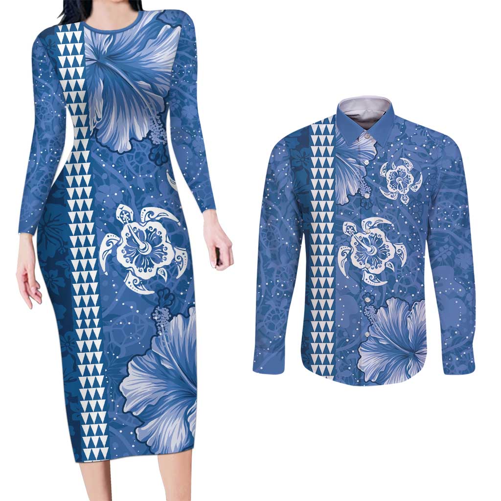 Blue Hibiscus Turle Couples Matching Long Sleeve Bodycon Dress and Long Sleeve Button Shirt Hawaiian Style Tribal Tapa Pattern