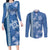Blue Hibiscus Turle Couples Matching Long Sleeve Bodycon Dress and Long Sleeve Button Shirt Hawaiian Style Tribal Tapa Pattern