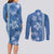 Blue Hibiscus Turle Couples Matching Long Sleeve Bodycon Dress and Long Sleeve Button Shirt Hawaiian Style Tribal Tapa Pattern