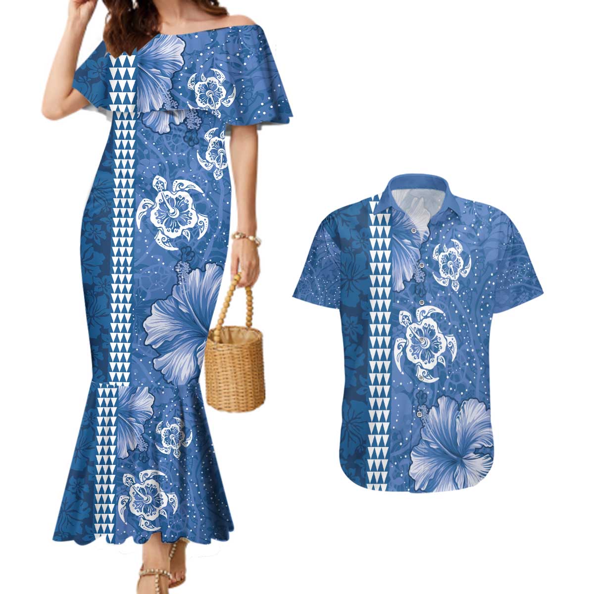 Blue Hibiscus Turle Couples Matching Mermaid Dress and Hawaiian Shirt Hawaiian Style Tribal Tapa Pattern