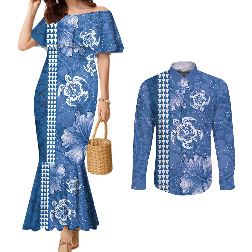 Blue Hibiscus Turle Couples Matching Mermaid Dress and Long Sleeve Button Shirt Hawaiian Style Tribal Tapa Pattern