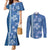 Blue Hibiscus Turle Couples Matching Mermaid Dress and Long Sleeve Button Shirt Hawaiian Style Tribal Tapa Pattern