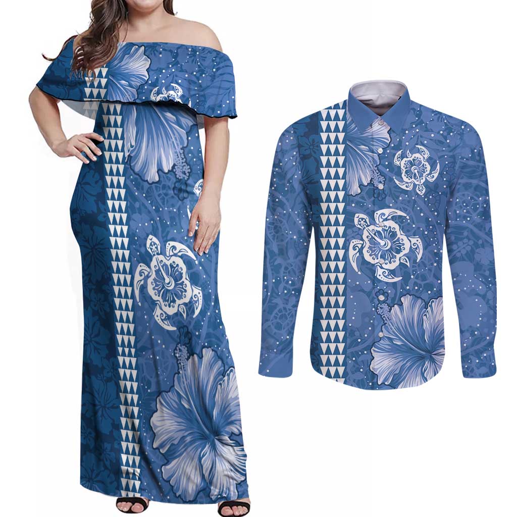 Blue Hibiscus Turle Couples Matching Off Shoulder Maxi Dress and Long Sleeve Button Shirt Hawaiian Style Tribal Tapa Pattern