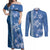 Blue Hibiscus Turle Couples Matching Off Shoulder Maxi Dress and Long Sleeve Button Shirt Hawaiian Style Tribal Tapa Pattern