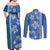 Blue Hibiscus Turle Couples Matching Off Shoulder Maxi Dress and Long Sleeve Button Shirt Hawaiian Style Tribal Tapa Pattern