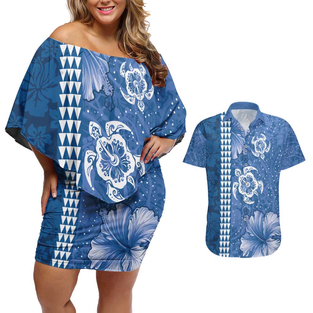 Blue Hibiscus Turle Couples Matching Off Shoulder Short Dress and Hawaiian Shirt Hawaiian Style Tribal Tapa Pattern