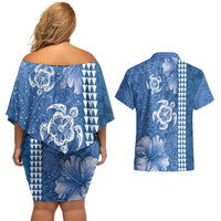 Blue Hibiscus Turle Couples Matching Off Shoulder Short Dress and Hawaiian Shirt Hawaiian Style Tribal Tapa Pattern