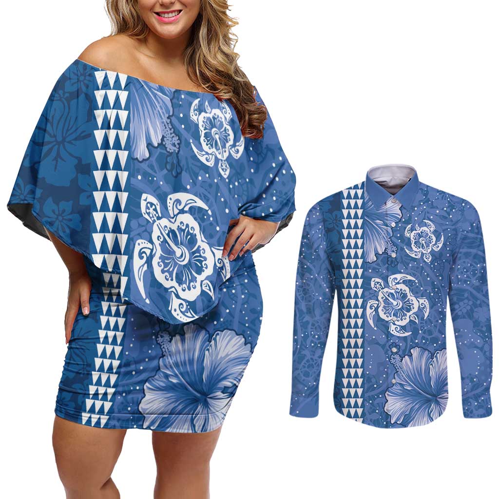Blue Hibiscus Turle Couples Matching Off Shoulder Short Dress and Long Sleeve Button Shirt Hawaiian Style Tribal Tapa Pattern