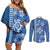 Blue Hibiscus Turle Couples Matching Off Shoulder Short Dress and Long Sleeve Button Shirt Hawaiian Style Tribal Tapa Pattern