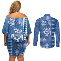 Blue Hibiscus Turle Couples Matching Off Shoulder Short Dress and Long Sleeve Button Shirt Hawaiian Style Tribal Tapa Pattern
