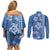 Blue Hibiscus Turle Couples Matching Off Shoulder Short Dress and Long Sleeve Button Shirt Hawaiian Style Tribal Tapa Pattern
