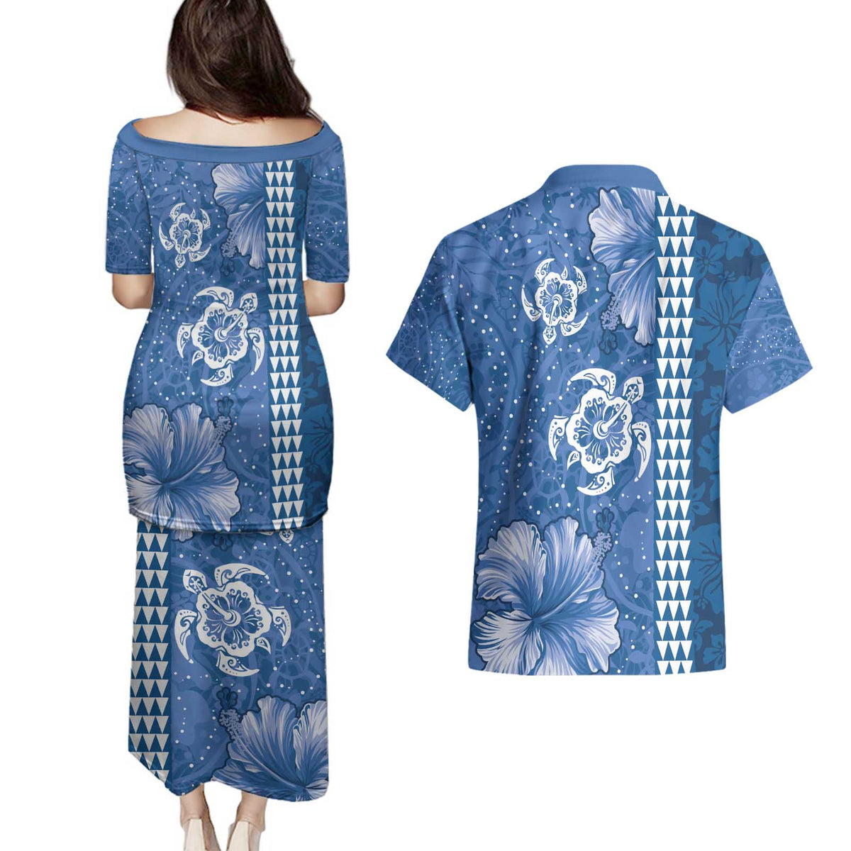 Blue Hibiscus Turle Couples Matching Puletasi and Hawaiian Shirt Hawaiian Style Tribal Tapa Pattern