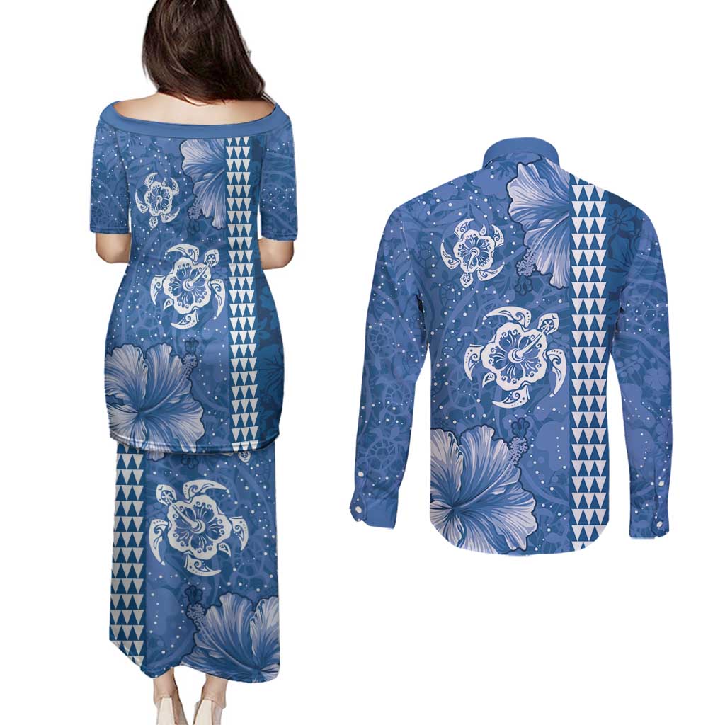 Blue Hibiscus Turle Couples Matching Puletasi and Long Sleeve Button Shirt Hawaiian Style Tribal Tapa Pattern